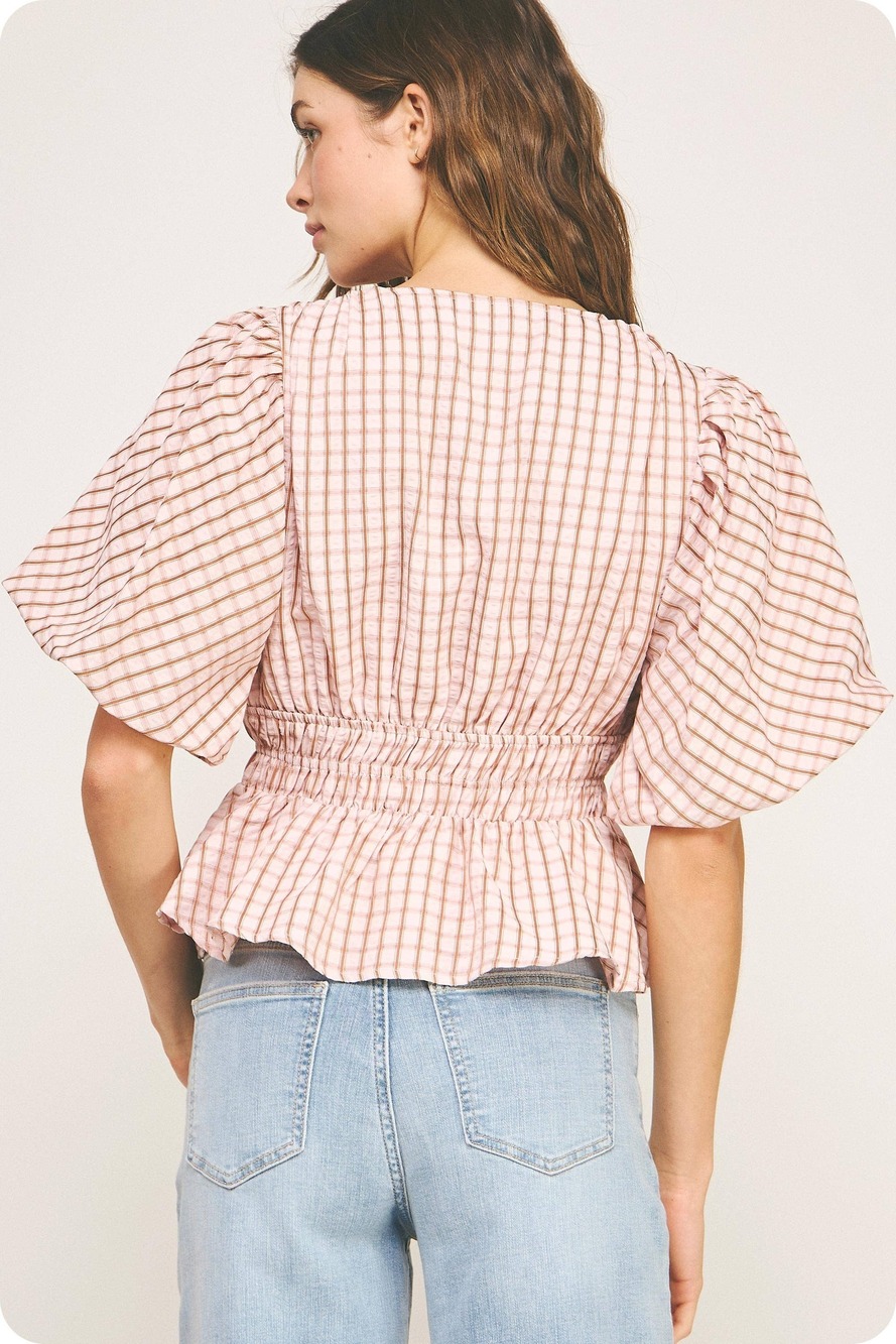 Strut & Bolt Checkered Puff Sleeve Blouse - image 2